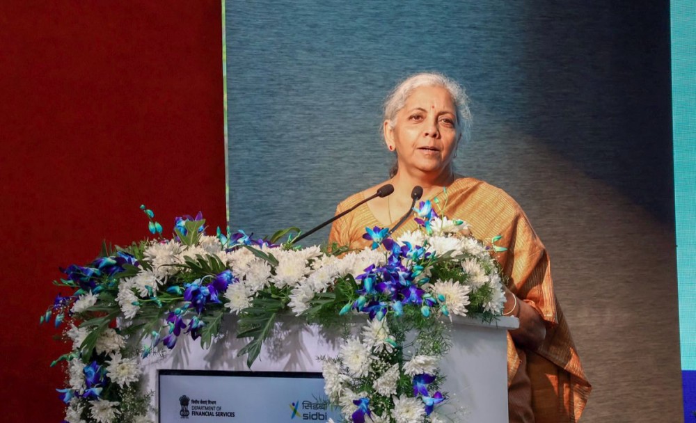 Bengaluru: Union Minister of Finance and Corporate Affairs Nirmala Sitharaman addresses the audience during the National MSME Cluster Outreach Programme in Bengaluru, Karnataka on Saturday November 09, 2024. (Photo: IANS)