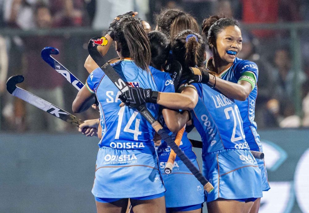 Nalanda: Indian players celebrate after scoring a goal during their Women's Asian Champions Trophy 2024 semifinal hockey match against Japan, at Rajgir in Nalanda district, Bihar, on Tuesday, November 19, 2024. (IANS)
