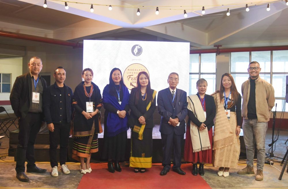 Dr Shürhozelie Liezietsu, President of Ura Academy (4th from Left), members of Writers Collective, authors and others seen during the 4th edition of Nagaland Literature Festival held at Capital Cultural Hall Complex in Kohima on November 13.