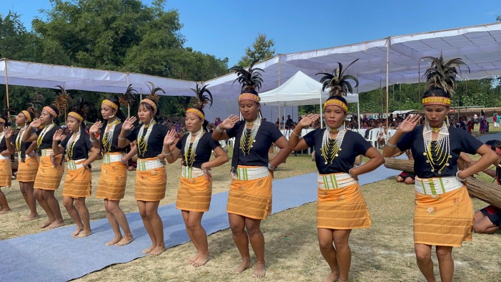 Cultural troupe of Erabill village performing the famous Wangala dance at the Wangala Mini Hornbill Tribal Festival 2024 hosted at Samaguri village, Dimapur, on November 21. (Morung Photo)