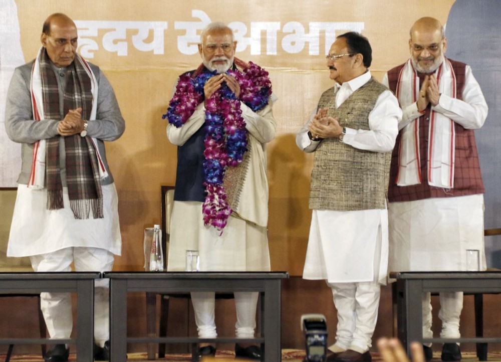 New Delhi: Prime Minister Narendra Modi with BJP National President JP Nadda, Home Minister Amit Shah and Defence Minister Rajnath Singh  at BJP headquarter in New Delhi on Saturday, November 23, 2024. BJP-led Mahayuti alliance emerged victorious in Maharashtra assembly elections. (Photo: IANS)