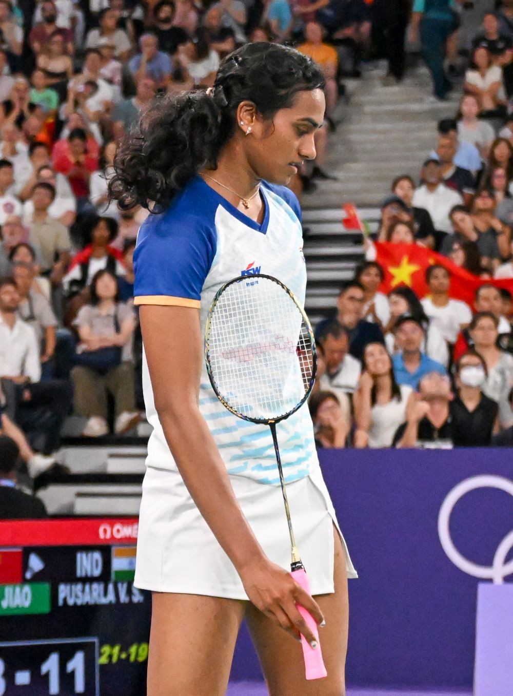 Paris : India's PV Sindhu reacts during the women's singles badminton round of 16 match against China's He Bingjiao at the Paris Olympics 2024, Paris, France, Thursday, Aug. 1, 2024. (Photo: IANS/Biplab Banerjee)