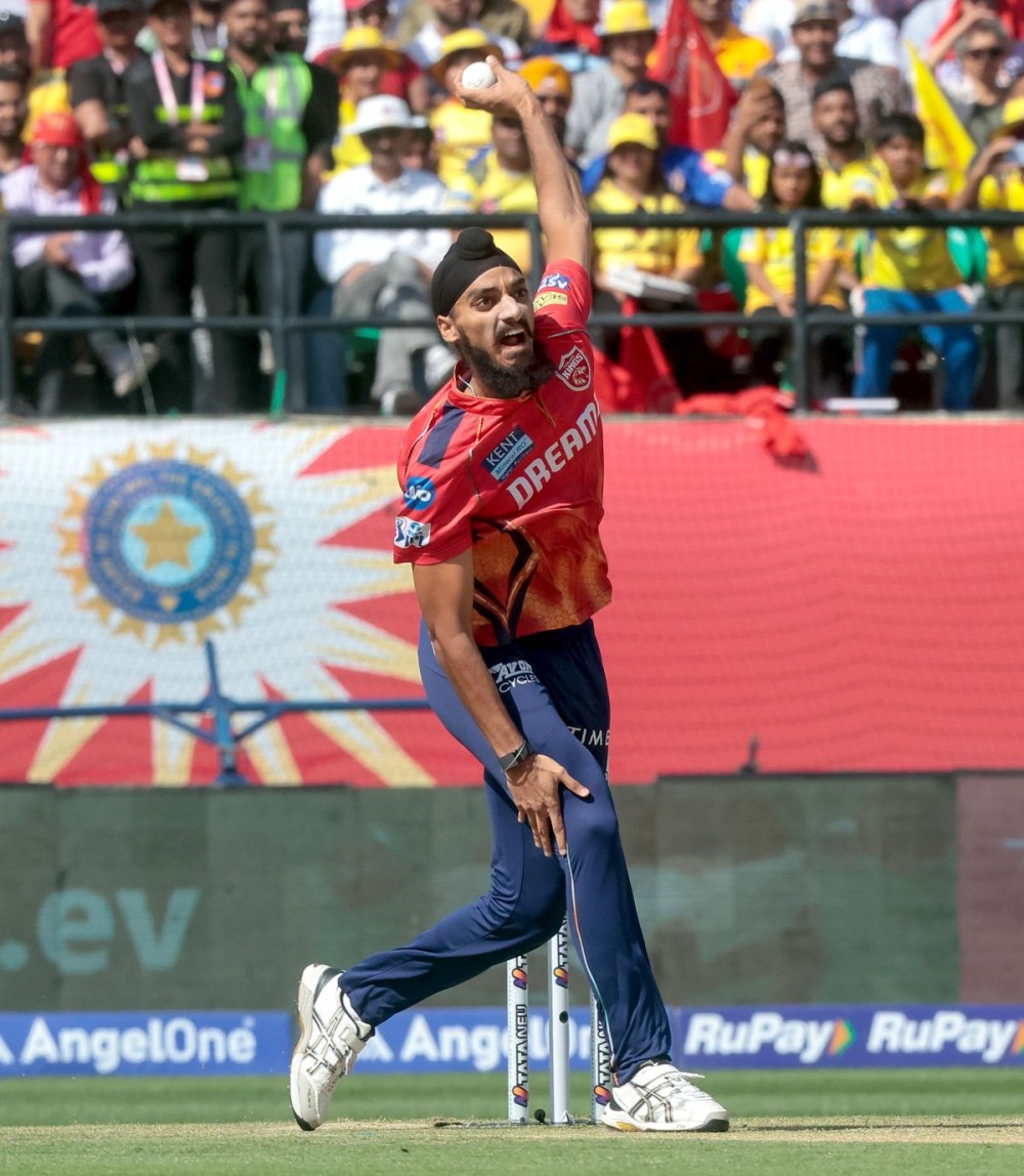 haramshala: Punjab Kings' Arshdeep Singh bowls a delivery during the IPL match between Chennai Super Kings and Punjab Kings in Dharamshala on Sunday, May 5, 2024. (Photo: IANS/Raj Kumar)
