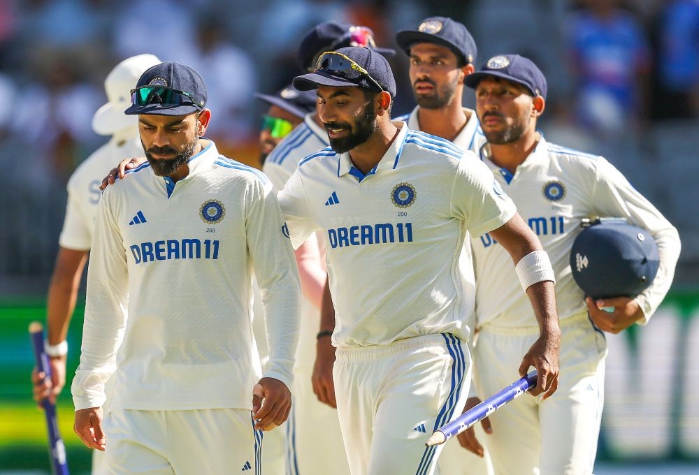Perth [Australia]: Indian captain Jasprit Bumrah celebrates with teammates after securing a win in the first Test match against Australia during the Border-Gavaskar Trophy at Perth Stadium on Monday, November 25, 2024. (Photo: IANS)