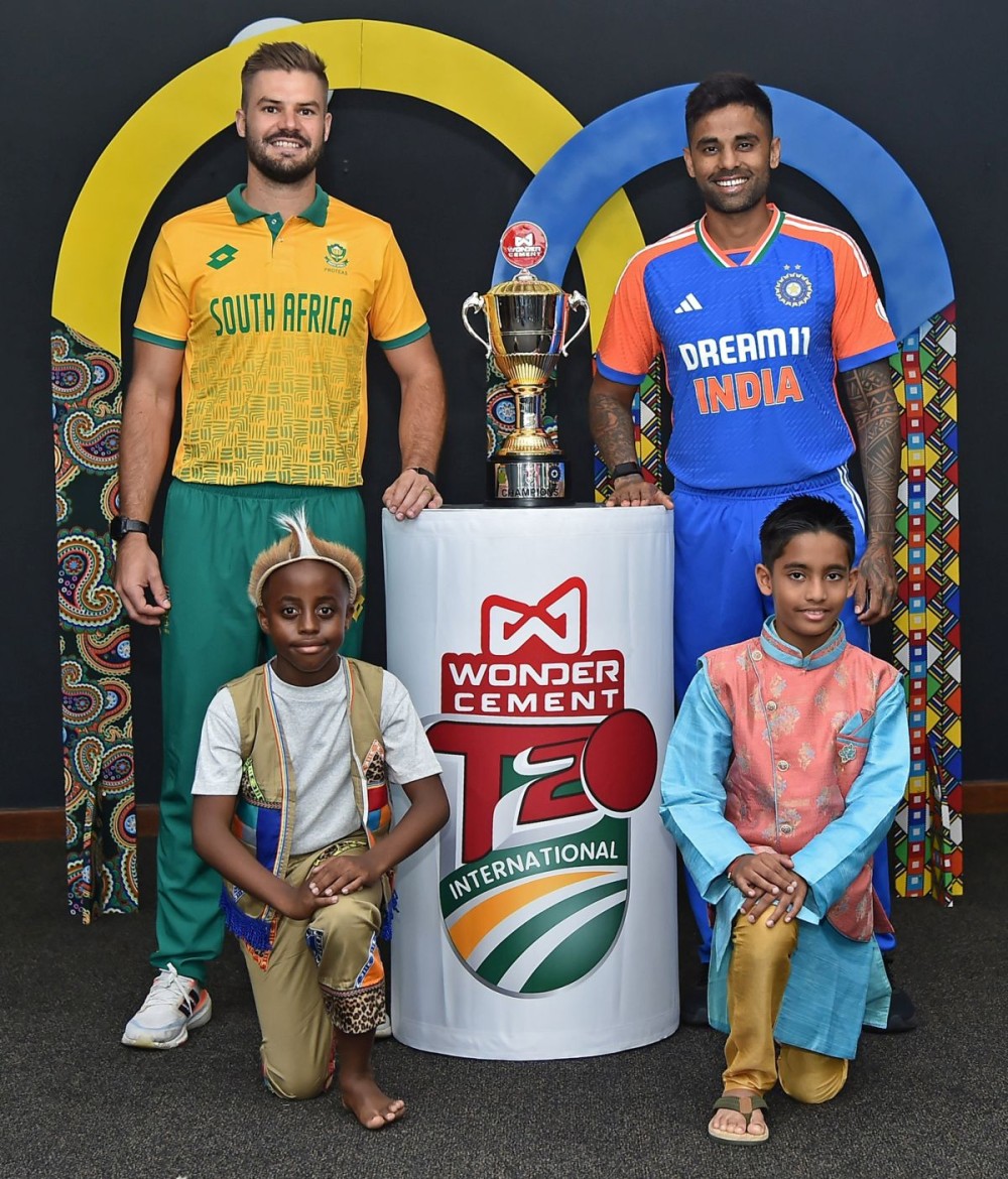 Durban: India’s captain Suryakumar Yadav and South Africa's Aiden Markram pose with the trophy during a photo session ahead of the T20 series, in Durban,. on Thursday, November 7, 2024. (Photo: IANS/@BCCI)