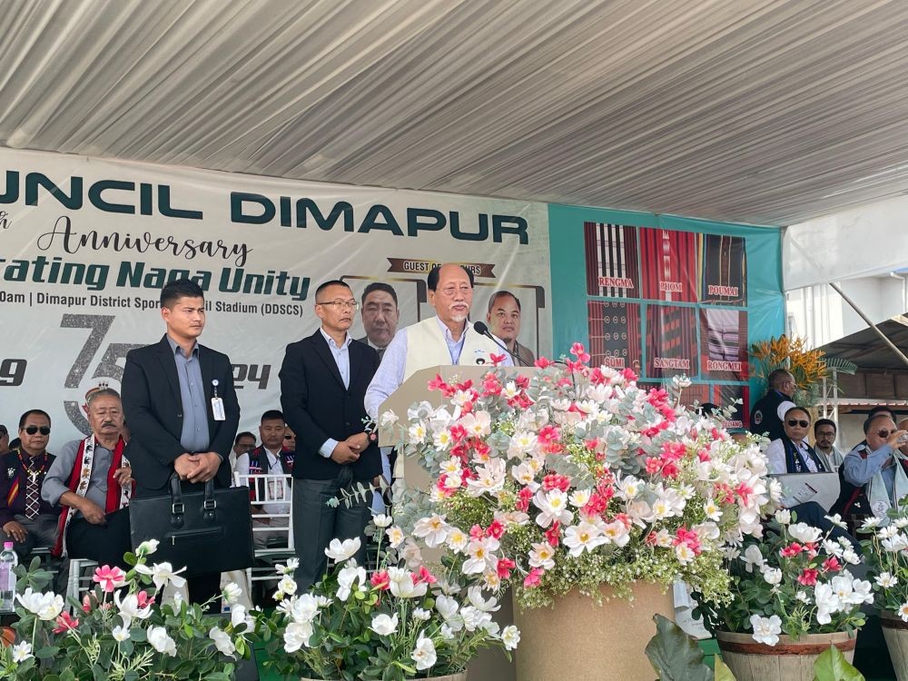 Chief Minister Neiphiu Rio speaking at the Naga Council Dimapur 75th anniversary celebration at the DDSC stadium, Dimapur on November 2. (Morung Photo)