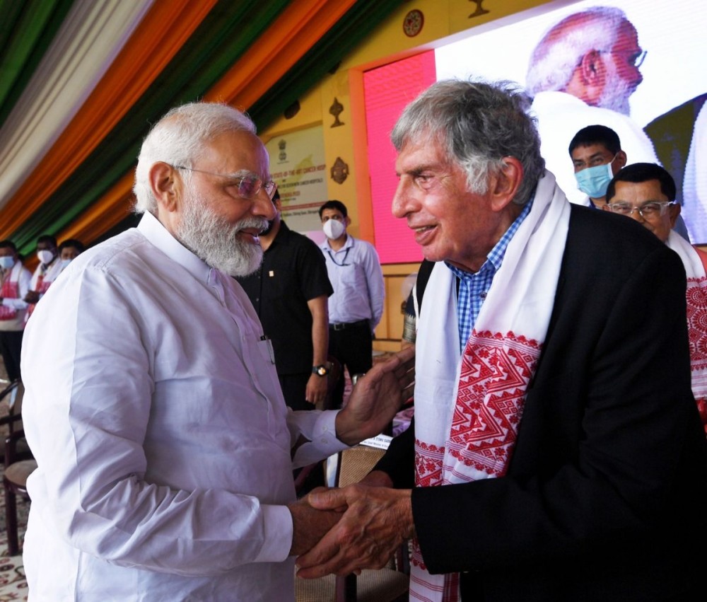 Dibrugarh: Prime Minister Narendra Modi with Tata Group Chairman Ratan Tata inaugurates 7 cancer hospitals during the Ã¢Â€Â˜Peace, Unity and Development RallyÃ¢Â€Â™ in Dibrugarh District of Assam on Thursday, Apr. 28, 2022. (Photo: PIB/IANS)