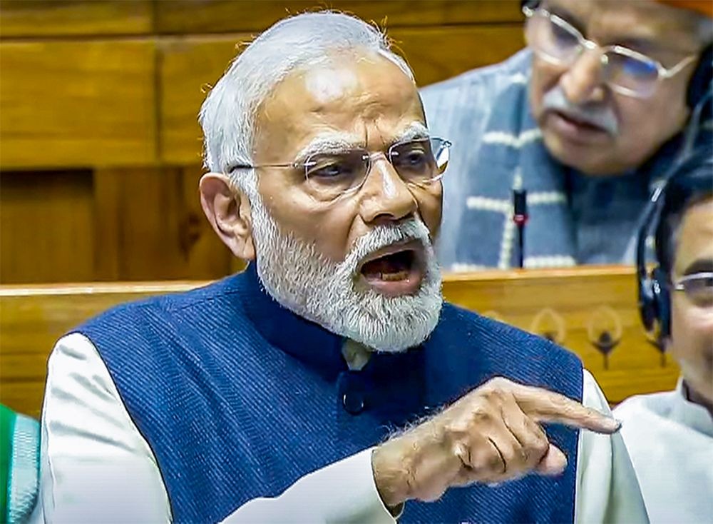 New Delhi: Prime Minister Narendra Modi speaks in the Lok Sabha during the winter session of Parliament in New Delhi on Saturday, December 14, 2024. (Photo: IANS/Sansad TV)
