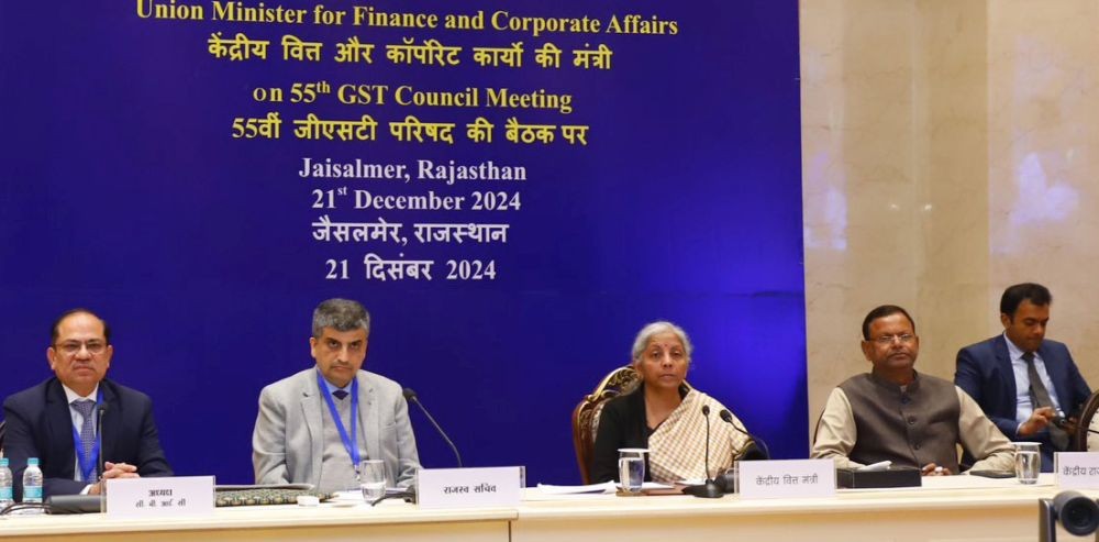 Jaisalmer: Union Finance Minister Nirmala Sitharaman addresses a press conference during the 55th meeting of the GST Council in Jaisalmer, Rajasthan, on Saturday, December 21, 2024. (Photo: IANS)