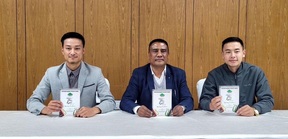 Shürhovol Naleo, Letso Mekro and Kevingoto Sachü during media briefing for upcoming SASU 75th anniversary in Kohima on December 19. (Morung Photo)