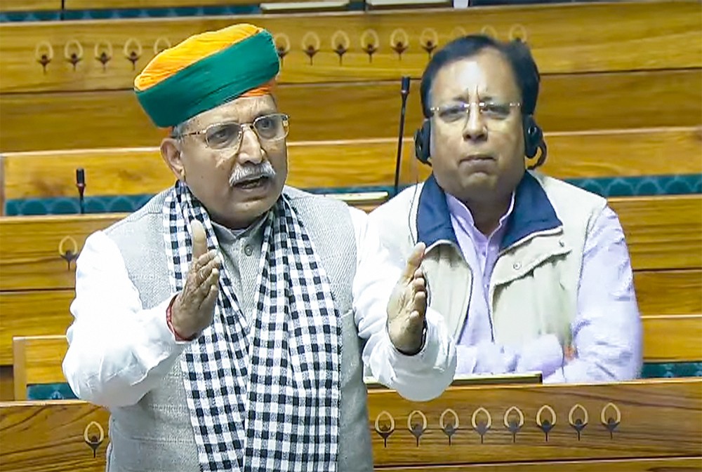 Union Minister Arjun Ram Meghwal speaks in the Lok Sabha during the winter session of Parliament in New Delhi on Wednesday, December 18, 2024. (Photo: IANS/Sansad TV)