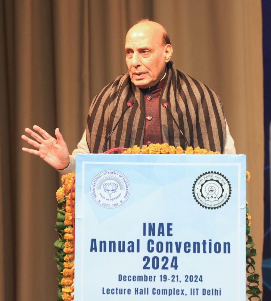 Defence Minister Rajnath Singh addresses the inaugural session of Indian National Academy of Engineering's Annual Convention at IIT Delhi in New Delhi on Thursday, December 19, 2024. (Photo: IANS)
