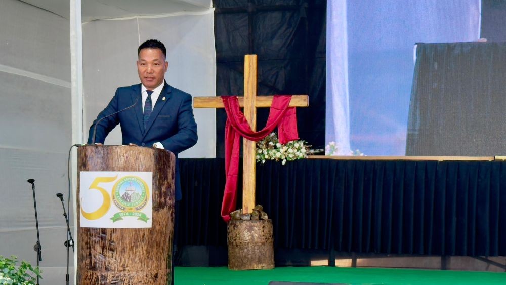 P Paiwang Konyak addressing at LBC golden Jubilee celebration at Longting on December 20.