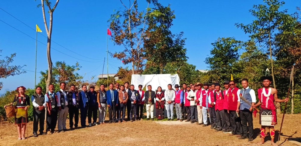 Shikaho P Yeptho, General Manager, NST Government of Nagaland along with officials during the Jubilee monolith unveiling ceremony at khulopu village. (Morung Photo)