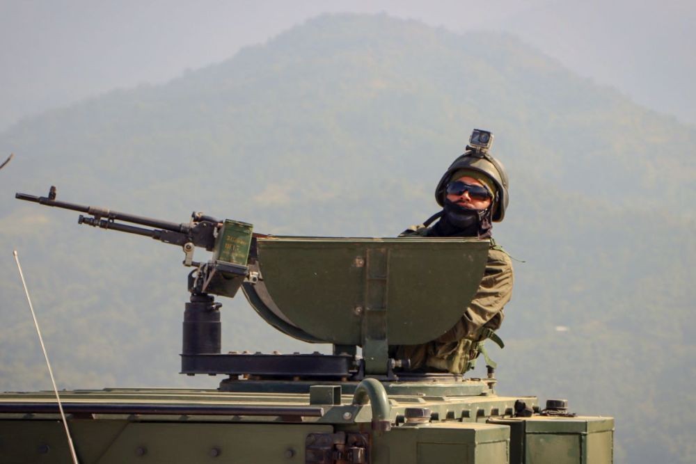 Imphal: Security personnel patrol in Armoured Tactical Vehicle at key locations on the periphery of Manipur, which has been witnessing violence since May 3, 2023. The deployment follows recent incidents of firing by Kuki militants on Meitei areas in the hill regions. (Photo: IANS/Ahanthem Bishworjit Meitei)