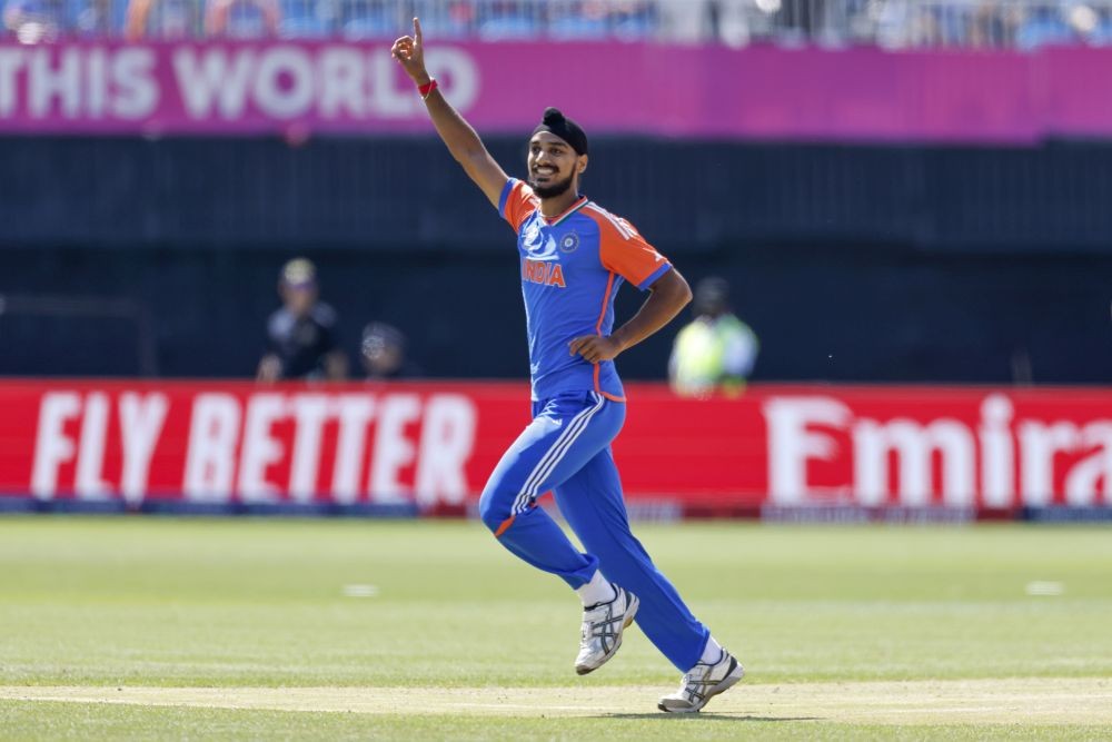New York: India's Arshdeep Singh celebrates after taking the wicket of Shayan Jahangir of USA during the ICC Men's T20 World Cup cricket match between India and the USA at Nassau County International Cricket Stadium in New York on Wednesday, June 12, 2024. (Photo: IANS)