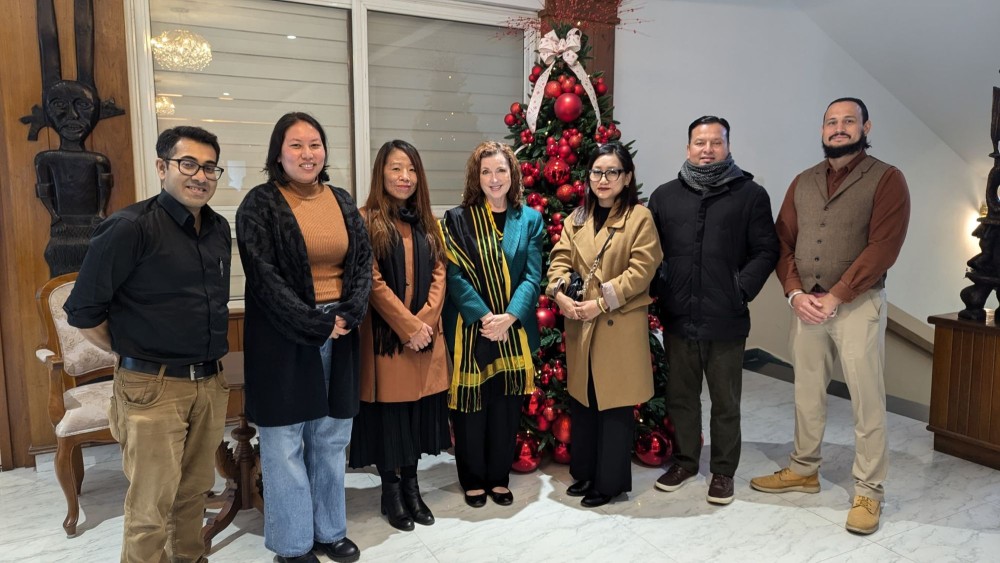 Gloria Berbena, Minister Counselor for Public Diplomacy, US Embassy, New Delhi (M), Juan Clar, Assistant Public Affairs Officer, US Consulate Kolkata (R), Aniruddha Biswas, Assistant Manager, Press and Media, U.S. Consulate General Kolkata (L) with media personnel at Hotel Vivor, Kohima on December 10.