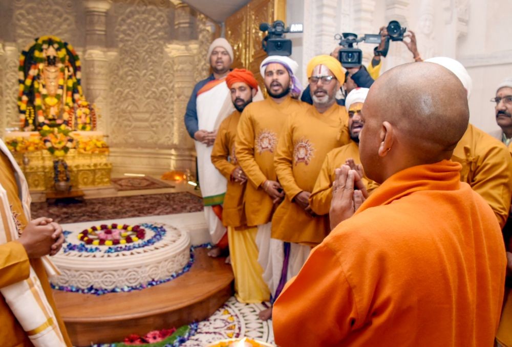Ayodhya: Uttar Pradesh Chief Minister Yogi Adityanath offers prayer at Ram Janmabhoomi Temple on the occasion of the first anniversary of 'Pran Pratishtha' in Ayodhya on Saturday, January 11, 2025. (Photo: IANS)