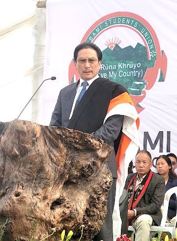KG Kenye addressing 75th anniversary celebration of Porbami Students’ Union at Porba in Phek district on January 9. (Morung Photo)