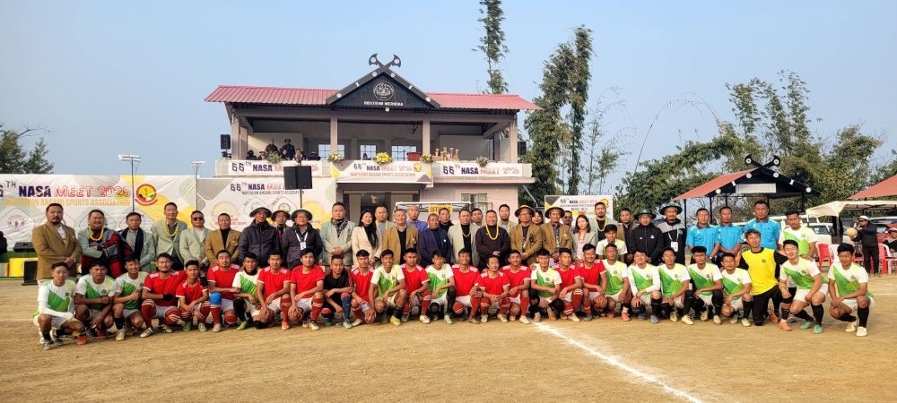 Roko Angami and others with the finalists of Men’s football on January 30 at Meriema. (Morung Photo)