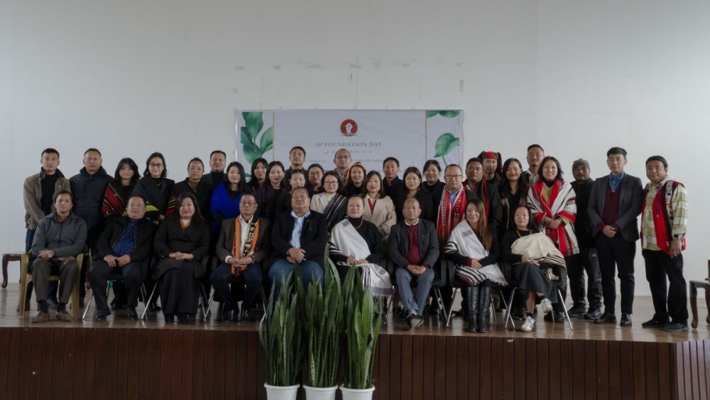 Veteran journalist and Sovima Village Council Chairman, Sebastian Zumvü (center), with the Executive Council and members of the Kohima Press Club during the 24th Foundation Day celebration at APO Conference Hall, Kohima, on January 20.