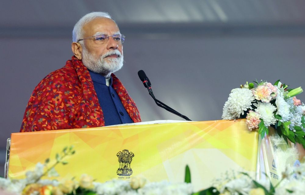 New Delhi: Prime Minister Narendra Modi addresses the foundation stone laying and inauguration ceremony of various developmental projects, in New Delhi on Friday, January 03, 2025. (IANS)