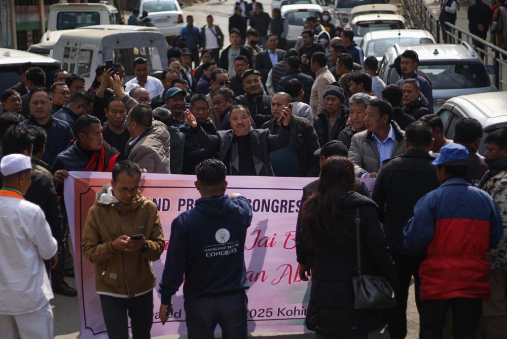MP Lok Sabha, S Supongmeren Jamir and Congress workers during the protest rally held at Congress Bhavan, Kohima, as part of the ongoing 'Jai Bapu, Jai Bhim, Jai Samvidhan Abhiyan.