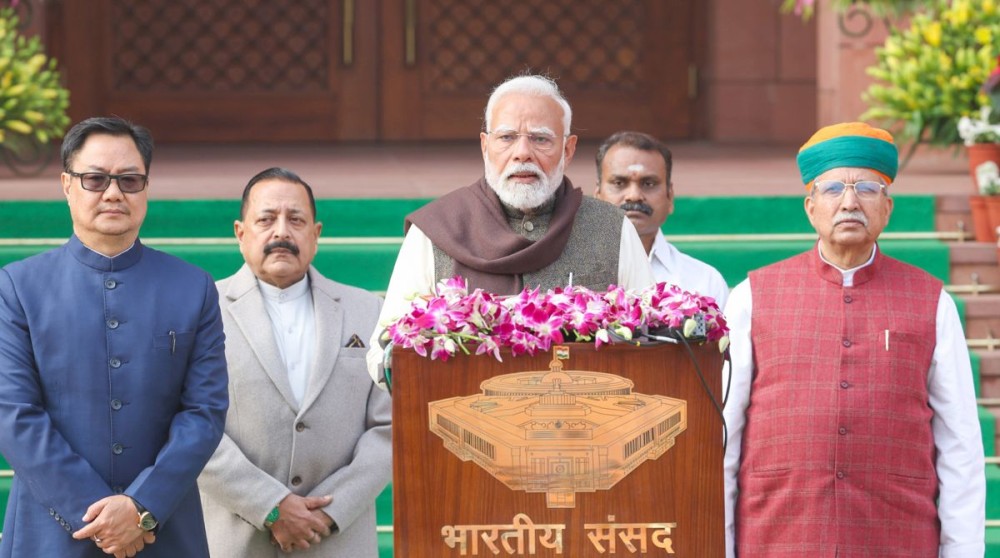 New Delhi: Prime Minister Narendra Modi addresses the media on the first day of the of Budget Session of Parliament, in New Delhi on Friday, January 31, 2025. Union Minister Kiren Rijiju, Union Minister of State for Information and Broadcasting L Murugan, Union Minister of State (I/C) for Law and Justice Arjun Ram Meghwal and Union Minister of State for Science and Technology Jitendra Singh also present. (Photo: IANS)