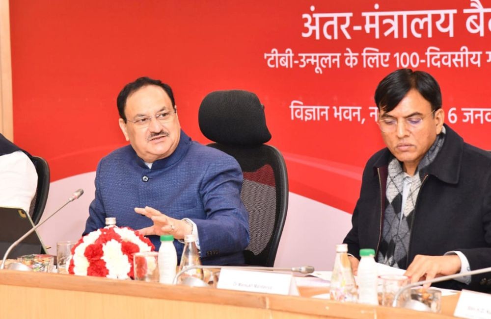 New Delhi: Union Minister JP Nadda chairs the Joint Strategy Meeting with Line Ministries for the TB Mukt Bharat Abhiyan – 100 Days Intensified Campaign in New Delhi on Monday, January 6, 2025. Union Ministers Mansukh Mandaviya and H. D. Kumaraswamy are also seen. (Photo: IANS)