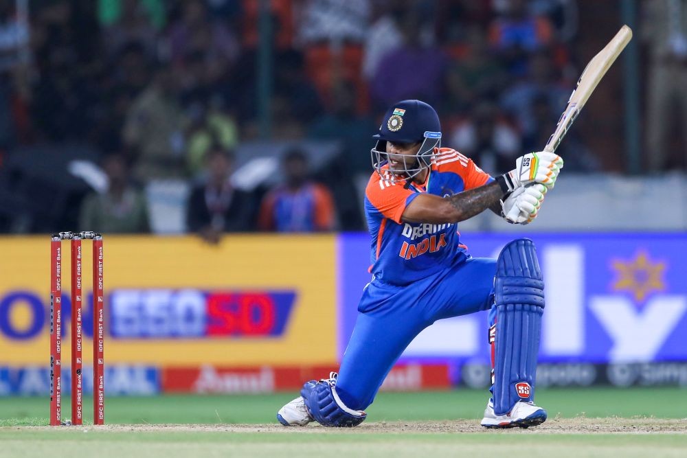 Hyderabad: India's captain Suryakumar Yadav plays a shot during the third T20 cricket match between India and Bangladesh at Rajiv Gandhi International Stadium in Hyderabad on Saturday, October 12, 2024. (Photo: IANS/Suresh Kumar)