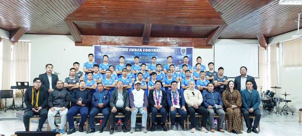 Dignitaries with SZFC squad during launching programme of official kit for Nagaland Super League 2025 on January 26. (Morung Photo)