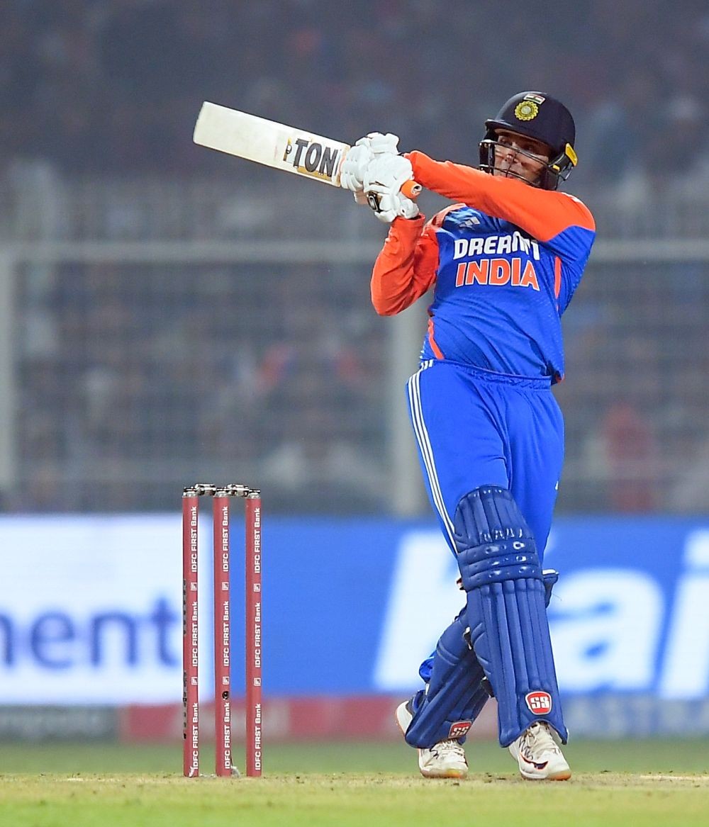 Kolkata: India's Abhishek Sharma plays a shot during the first T20 match between India and England at Eden Gardens in Kolkata on Wednesday, January 22, 2025. (Photo: IANS)
