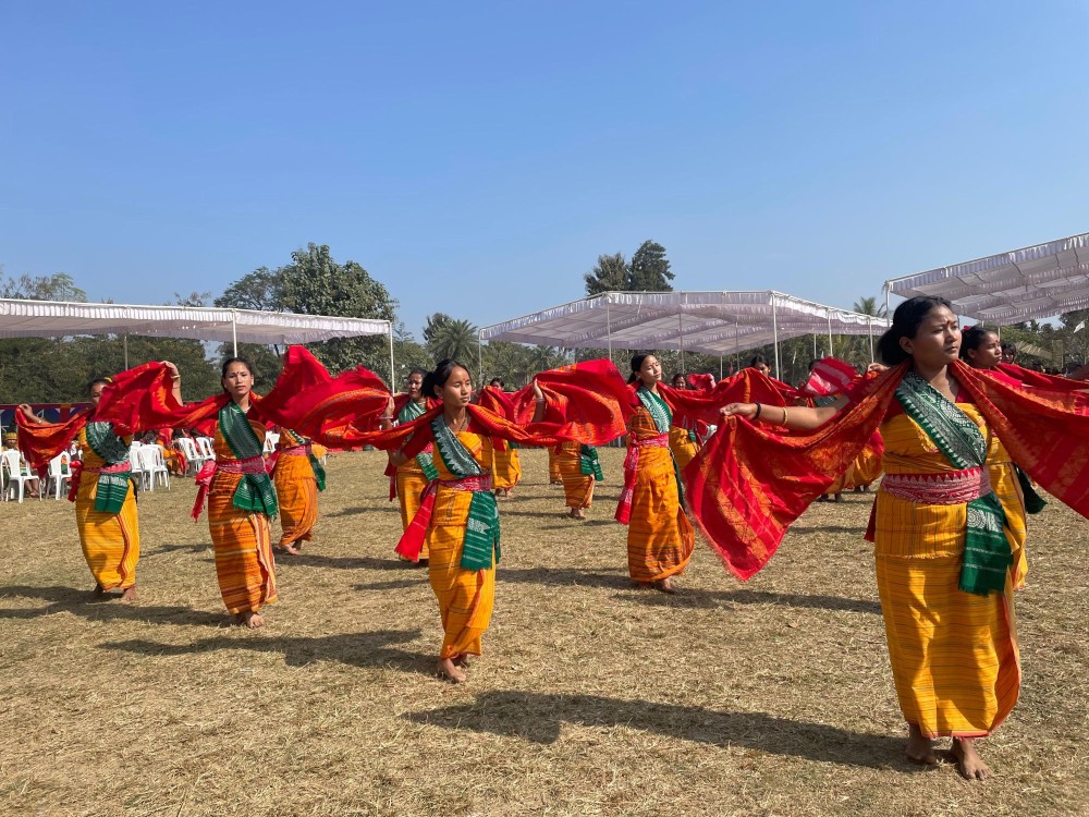 Women of the Mech Kachari community performing a folk dance at the Aai Sagi festival at the Kachari Sports Ground Kushiabill, Darogajan on January 13. (Morung Photo)