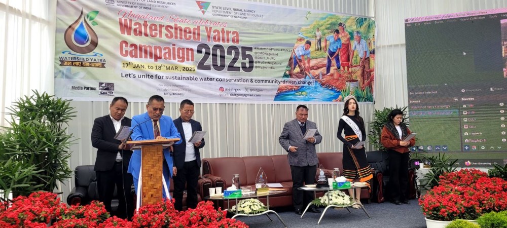 Advisor Ikuto Zhimomi (3rd from Right) and others takes Land and Water Conservation Pledge during Watershed Yatra in Kohima on February 5. (Morung Photo)