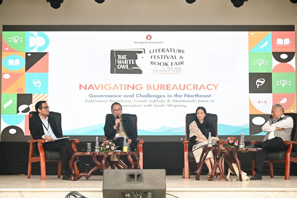 Panelists discuss on the topic “Navigating Bureaucracy: Governance and Challenges in the Northeast” at the Penguin White Owl Literature Festival & Book Fair at Zone Niathu by The Park, Chümoukedima, on February 18.