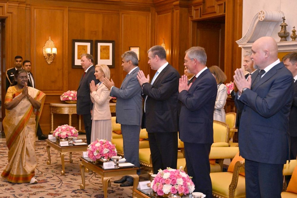 A parliamentary delegation from the Russian Federation led by Mr Vyacheslav Volodin, Chairman of the State Duma of the Federal Assembly of the Russian Federation, calls on the President of India, Smt Droupadi Murmu at Rashtrapati Bhavan, in New Delhi on February 03, 2025.(Image courtesy: PIB)