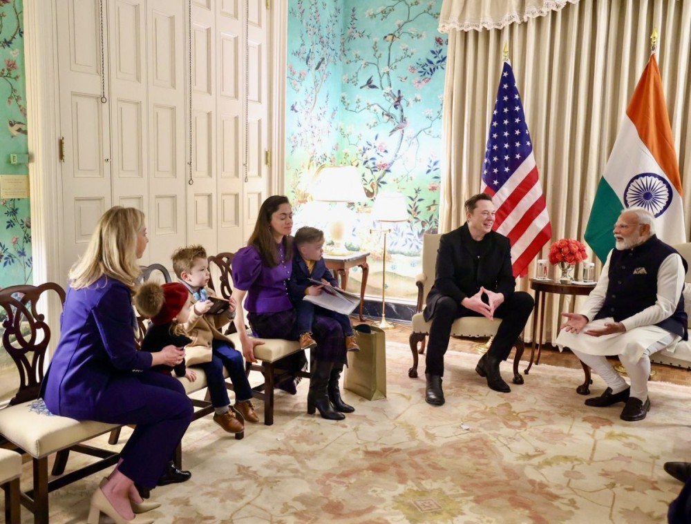Washington, DC : Prime Minister Narendra Modi in a bilateral meeting with Tesla CEO Elon Musk and his family, in Washington, DC on Thursday, February 13, 2025. (IANS)