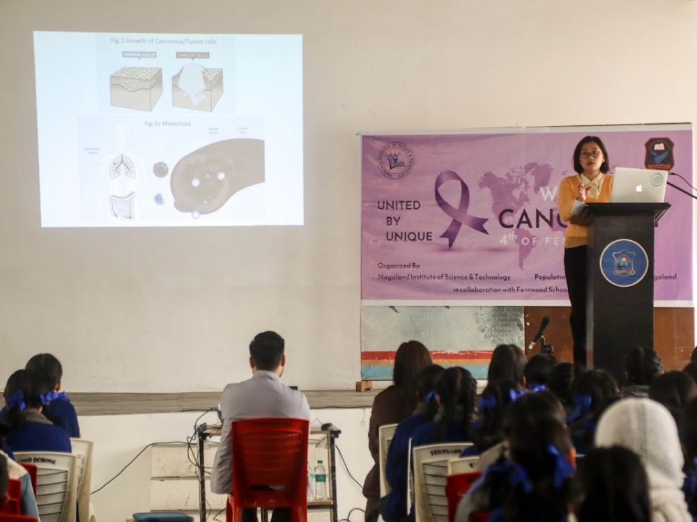 Dr Vetsolu Hiese Koza addressing the World Cancer Day event at Fernwood School, Kohima February 4.