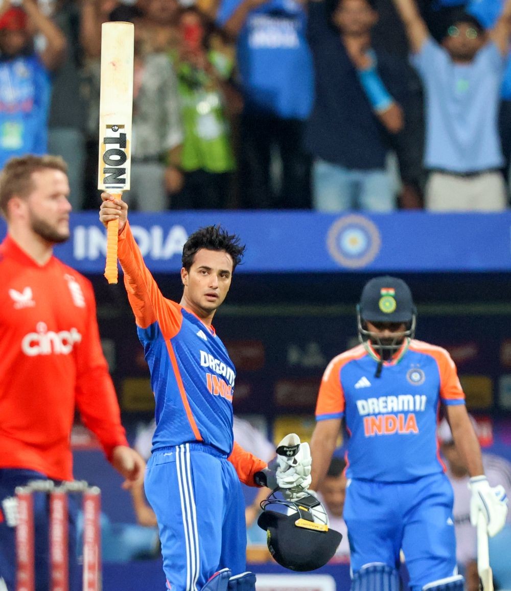 Mumbai: India's Abhishek Sharma acknowledges the crowd as he leaves the ground after losing his wicket during the 5th T20 match between India and England at Wankhede Stadium in Mumbai on Sunday, February 2, 2025. (Photo: IANS/Raj Kumar)