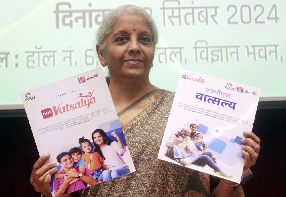 New Delhi: Union Minister for Finance and Corporate Affairs Nirmala Sitharaman during the launch of NPS Vatsalya Scheme in New Delhi on Wednesday September 18, 2024. (Photo: IANS)