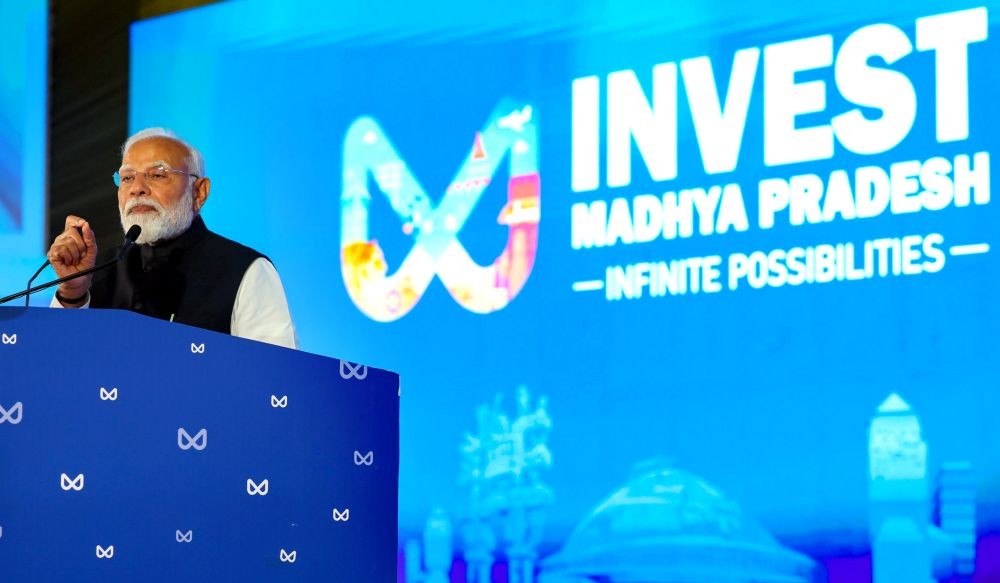 Bhopal: Prime Minister Narendra Modi addresses the inauguration of the Global Investors Summit 2025 in Bhopal, Madhya Pradesh, on Monday, February 24, 2025. (IANS)