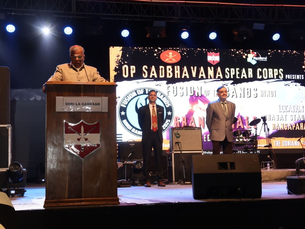Nagaland Governor La Ganesan speaks at the grand finale of the Spear Corps' "Fusion of the Bands" Season 2 at Rangapahar Military Station on February 15.
