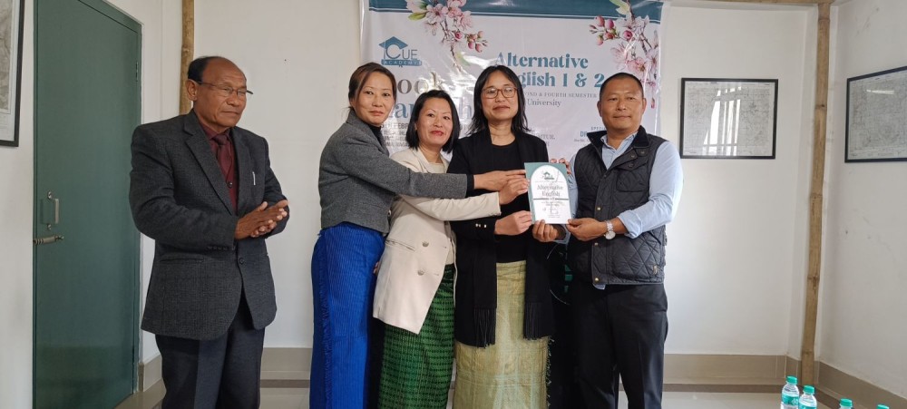 (Left to Right) Authors of the newly released Alternative English Workbook with MLA & Advisor Kekhrie Yhome during the launch of the book held at Highland Institute, Kohima on February 15.
