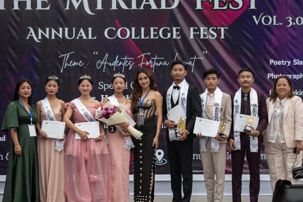 Mr and Miss Myriad Fest, 2025 along with guests and others during Myriad Fest Vol. 3.0 organised by Immanuel College from February 5-7 at the college premises. (Photo Credit: Immanuel College)