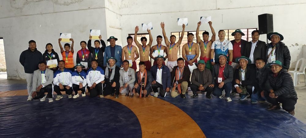 Naga wrestling winners with dignitaries during 38th PDSA meet 2025 at Phek town on February 4. (Morung Photo)