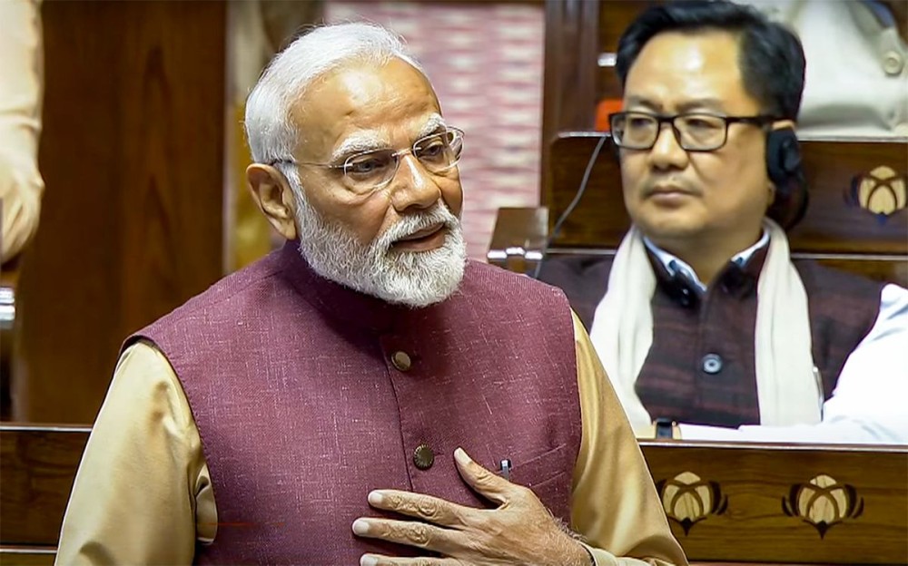 New Delhi: Prime Minister Narendra Modi speaks in the Rajya Sabha during the Budget session of Parliament in New Delhi on Thursday, February 06, 2025. (Photo: IANS)