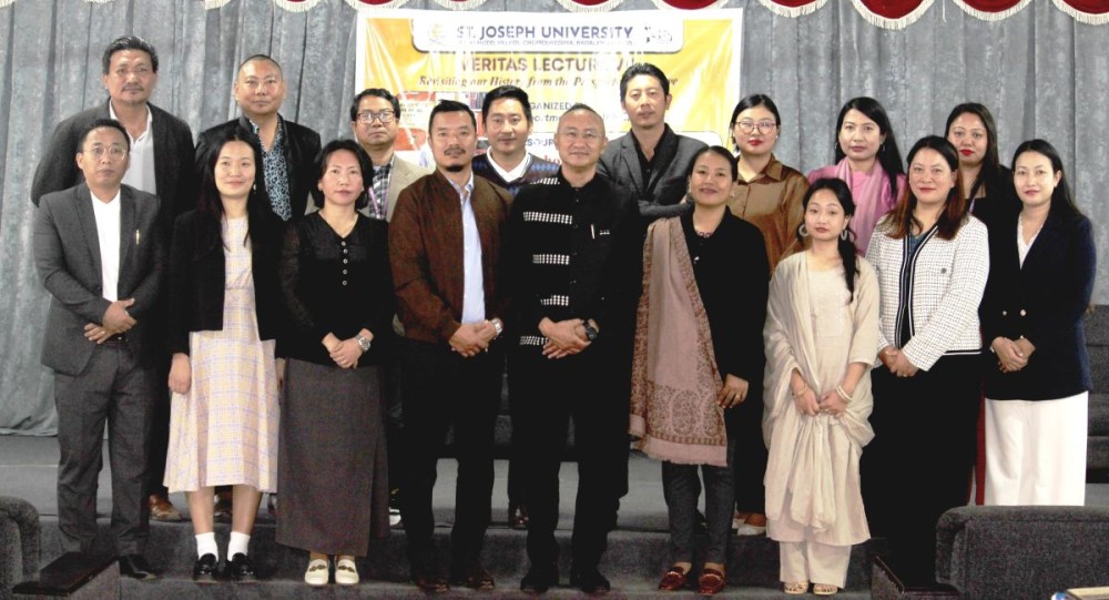 Author & Poet Mmhonlumo Kikon along with participants during the 7th Annual Veritas Lecture at St. Joseph University, Chümoukedima on February 25. (Photo Courtesy: SJU)