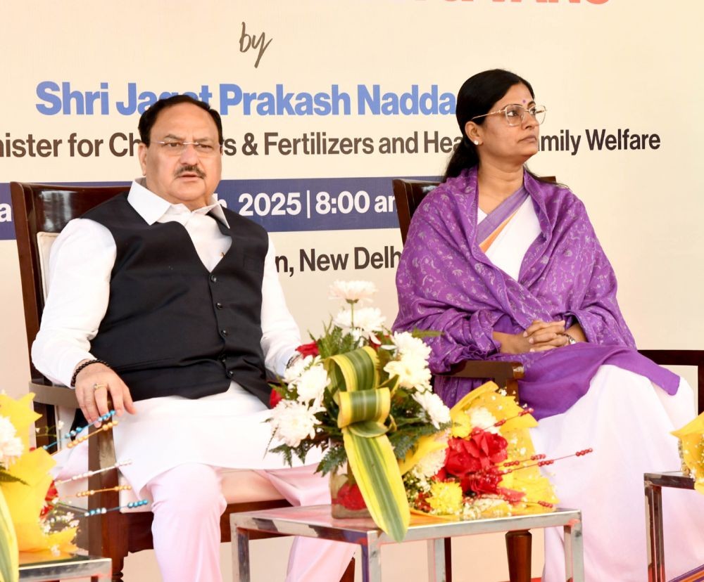 New Delhi: Union Minister of Health and Family Welfare & Chemicals and Fertilizers Jagat Prakash Nadda, along with MoS Anupriya Patel, attends the flagging-off ceremony of Janaushadhi Rath & Vans under the Janaushadhi Janchetna Abhiyan to mark the Janaushadhi Diwas 2025 at Nirman Bhawan, in New Delhi on March 01, 2025.