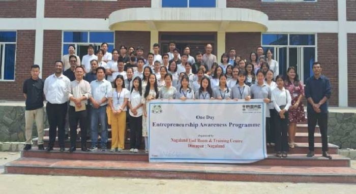 Participants of the Entrepreneurship Awareness Program at NECU pose for a group photo alongside faculty members and trainers on March 29.