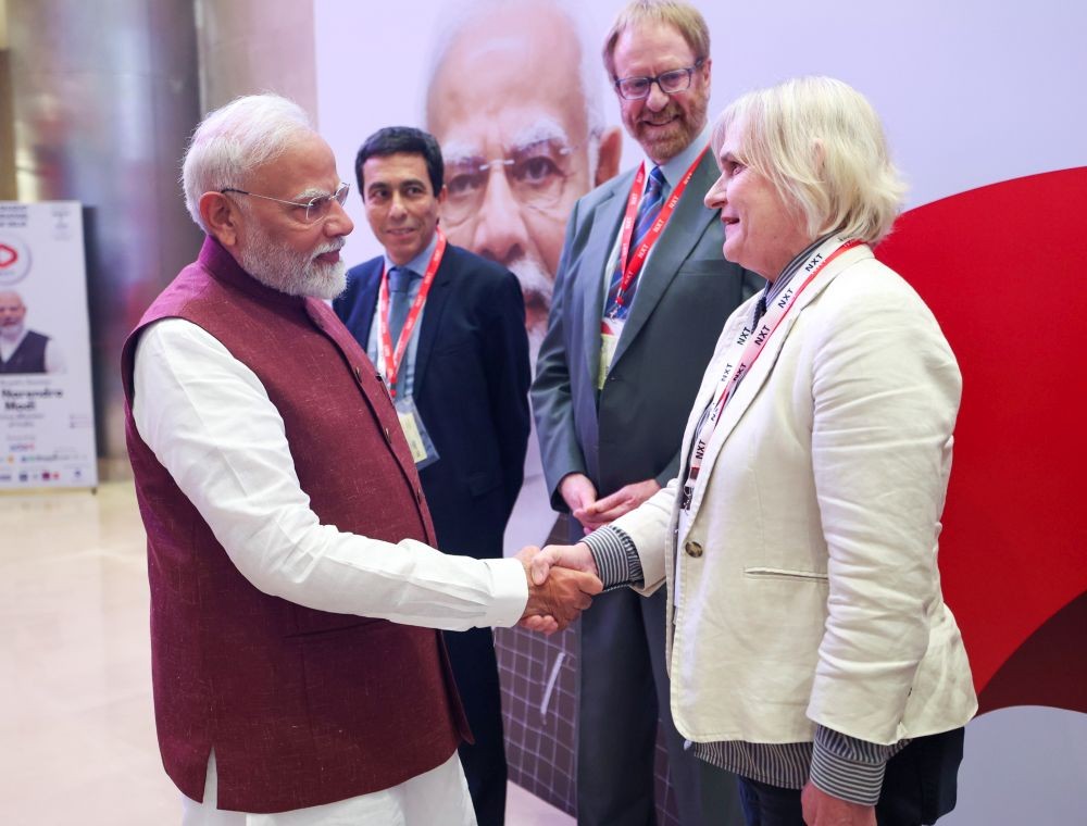 New Delhi: Prime Minister Narendra Modi meets Dr. Ann Liebert on the sidelines of the NXT Conclave at Bharat Mandapam in New Delhi on Saturday, March 01, 2025. (Photo: IANS)